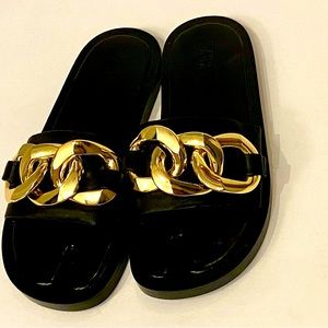 ZARA NEW Chain Trim Low Heeled Sandal - Black- Size 7